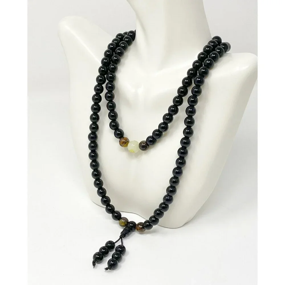 Black Beaded Mala Necklace with Tiger Eye & Gold Script Bead – 36” Prayer Beads